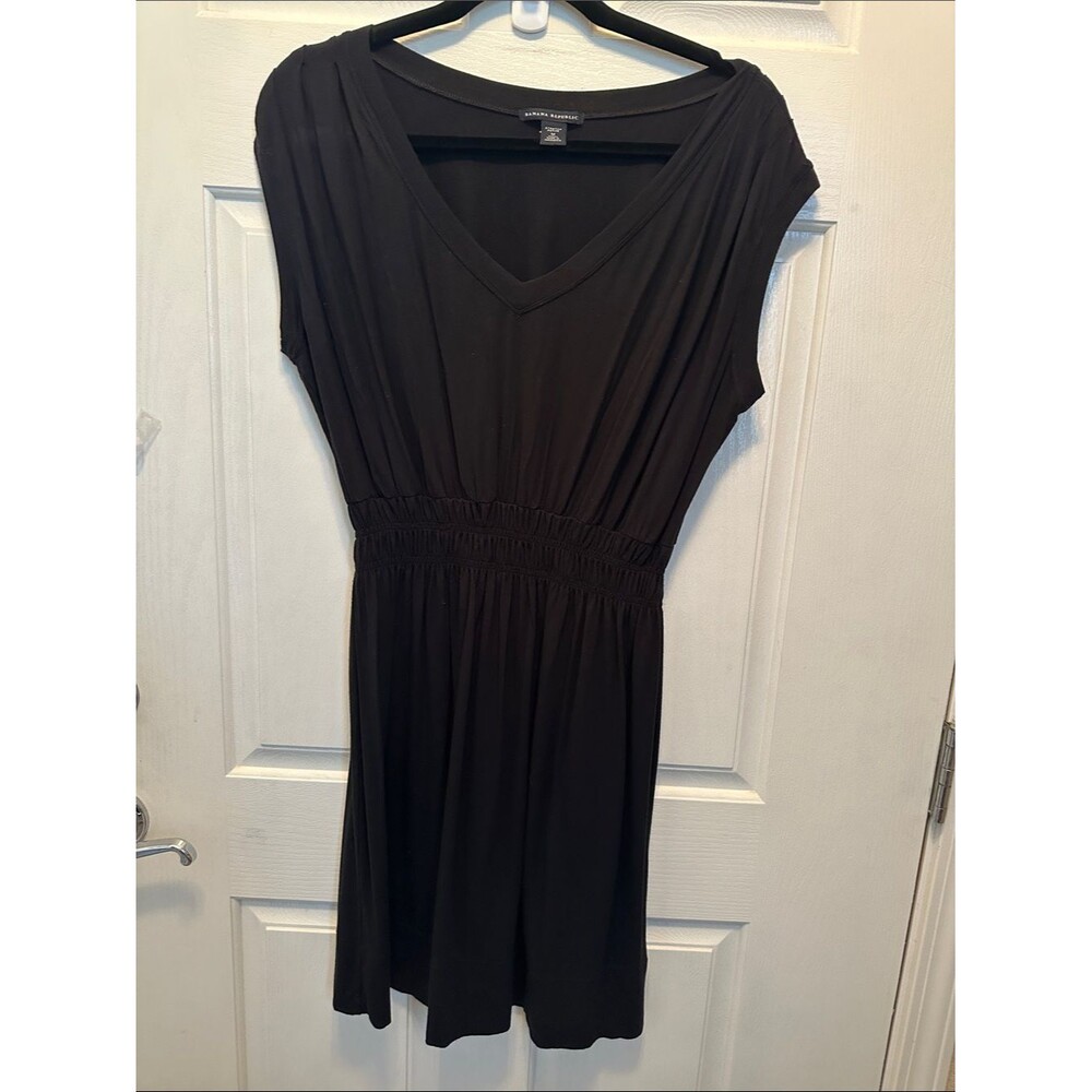 Banana Republic Black V-Neck Knot Mini Dress with Smocked Elastic Waist Size MP